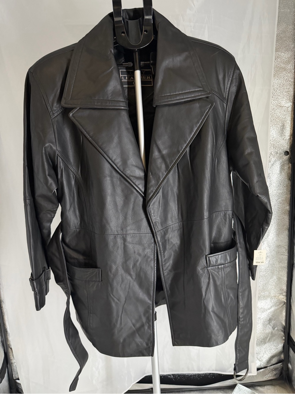 Lucky Men Soft Lined Classic Black Genuine Leather Wrap Coat with Belt NWT SZLg - Picture 4 of 11